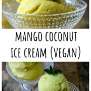 Two scoops of mango ice cream in a glass dessert dish.