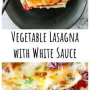 A vegetable lasagna with a slice removed.