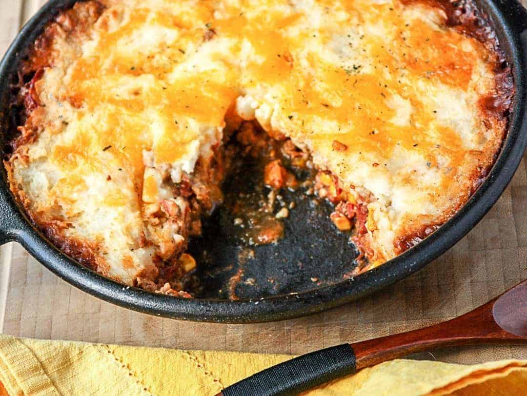 Mexican Shepherd's Pie in a cast iron skillet