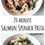 Salmon spinach rigatoni pasta in a white bowl.