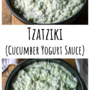 Tzatziki sauce in a black bowl.
