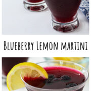 A blueberry martini in a stemless martini glass.