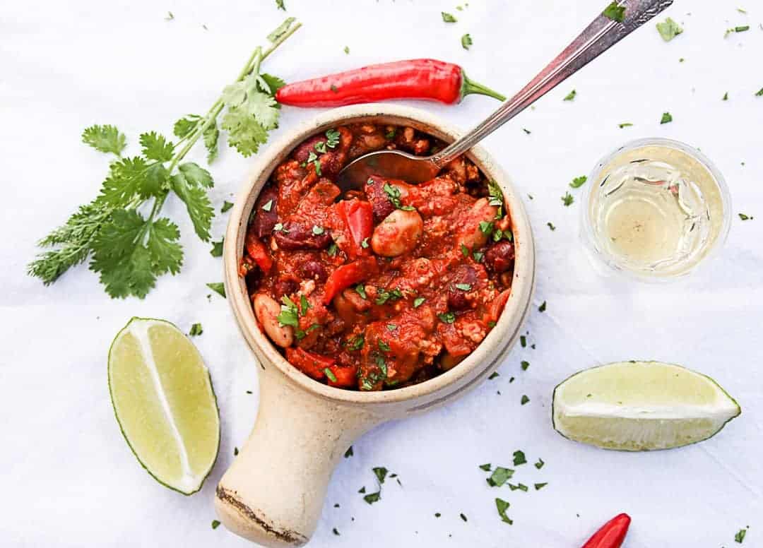 A bowl of food on a table
