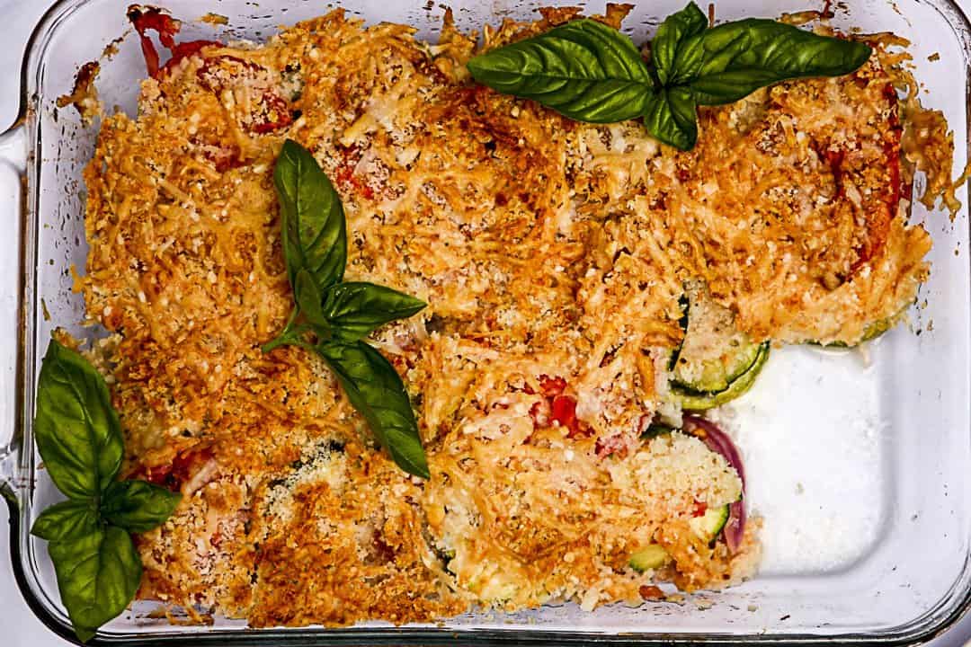 A casserole dish is filled with food