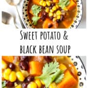 Sweet potato soup in a black and white bowl.