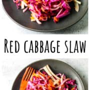 Red cabbage slaw on a black plate with a wooden fork.