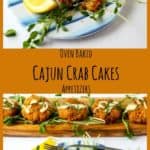 Cajun crab cakes on a wooden platter with lemon wedges.