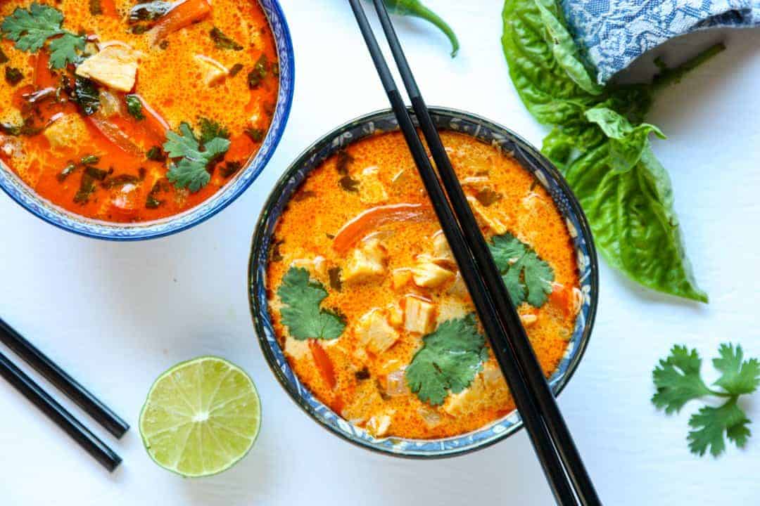 A bowl of soup on a table