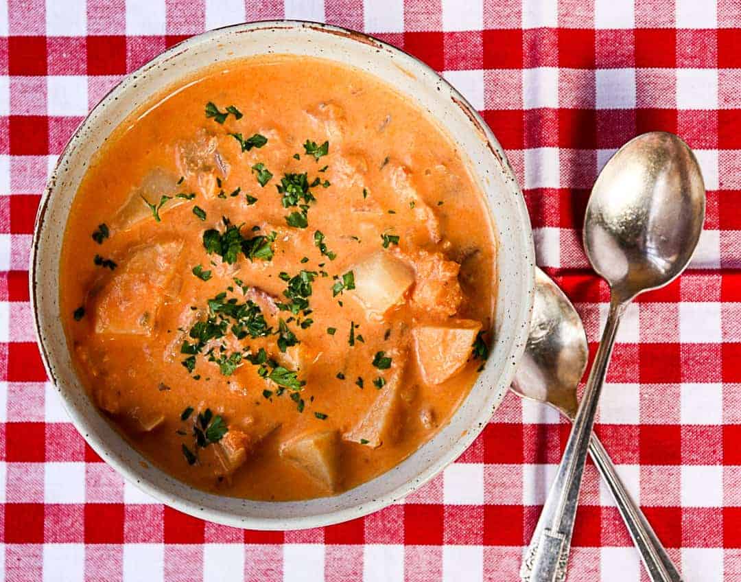 A close up of a bowl of chowder