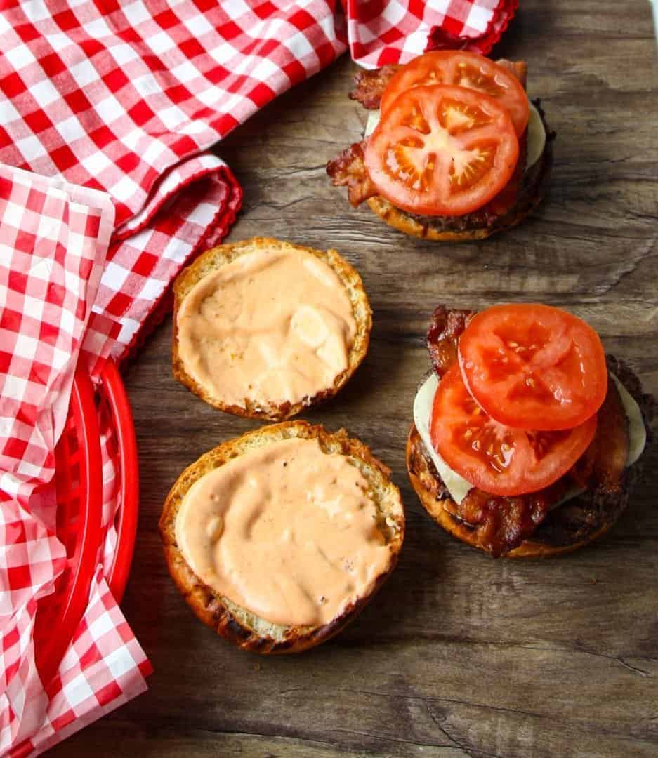 Grilled Bacon, Lettuce & Tomato Cheeseburgers with Chipotle Mayonaisse