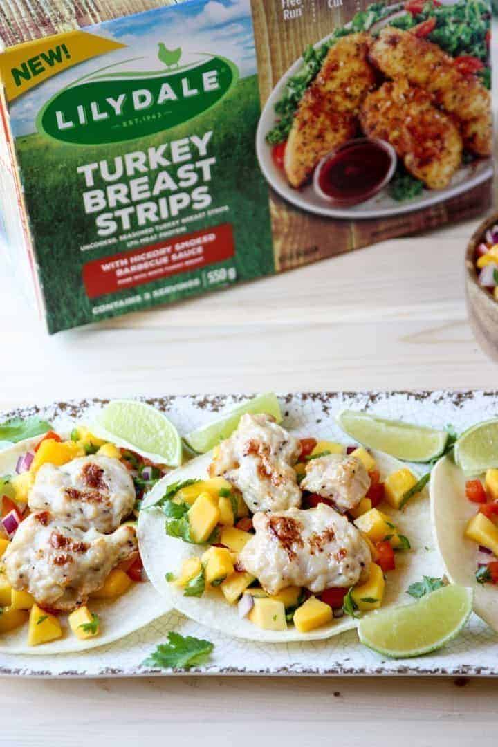 Turkey Breast Strips with Mango Salsa on Corn Tortillas