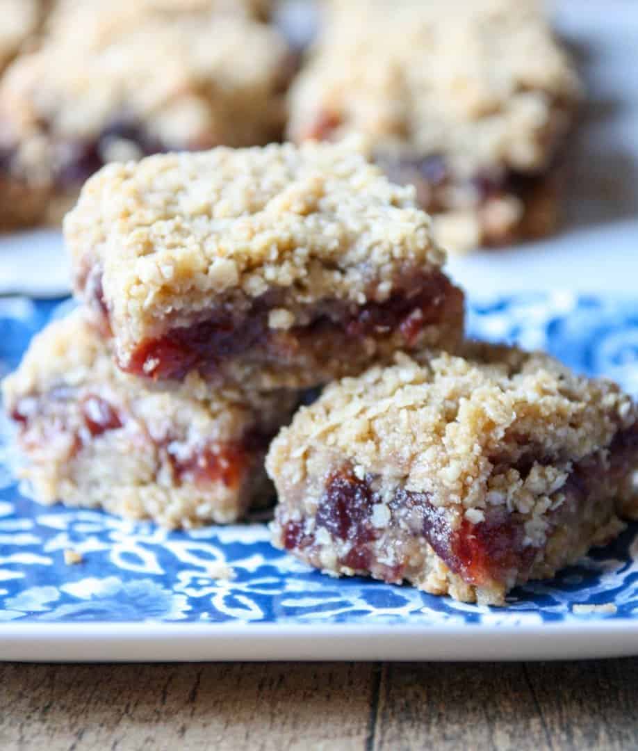 A close up of slices of date squares on a plate