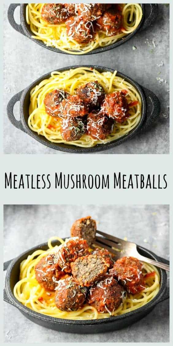 Three bowls of spaghetti noodles topped with meatless meatballs in black bowls with recipe title text overlay