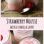jars of mousse with pink and white layers topped with fresh strawberry slices in mason jars