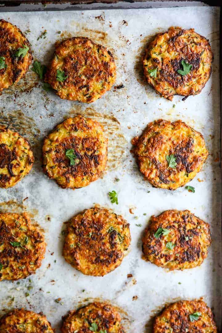 Baked Zucchini Fritters on a sheet pan