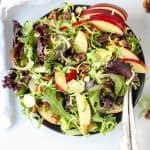 A top down view of shaved brussels sprouts and apple salad on a black plate with a fork.