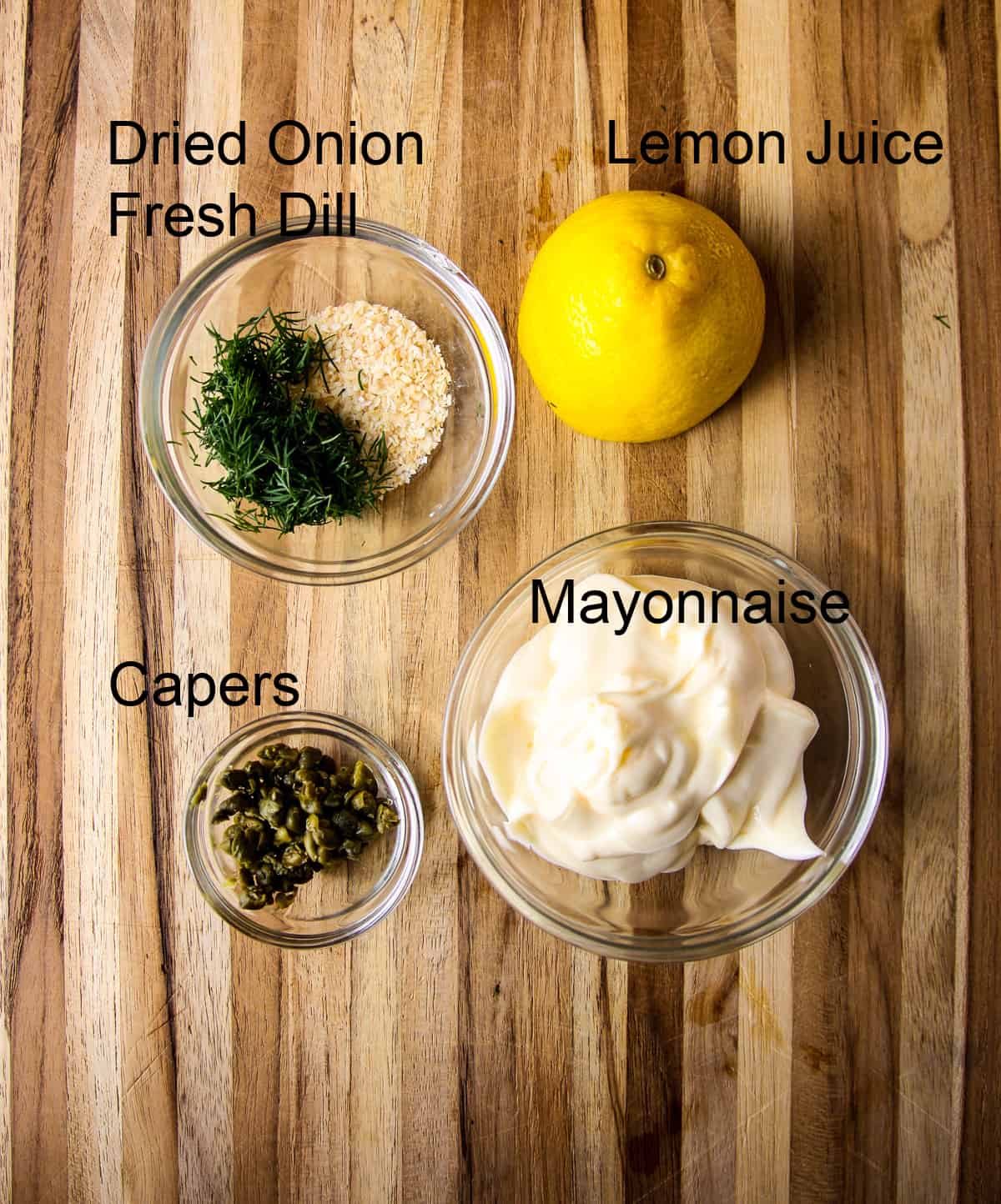 The ingredients to make easy tartar sauce.
