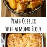 A black & white dish filled with gluten-free cobbler and topped with ice cream.