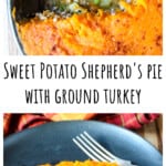 A slice of shepherd's pie on a black plate.