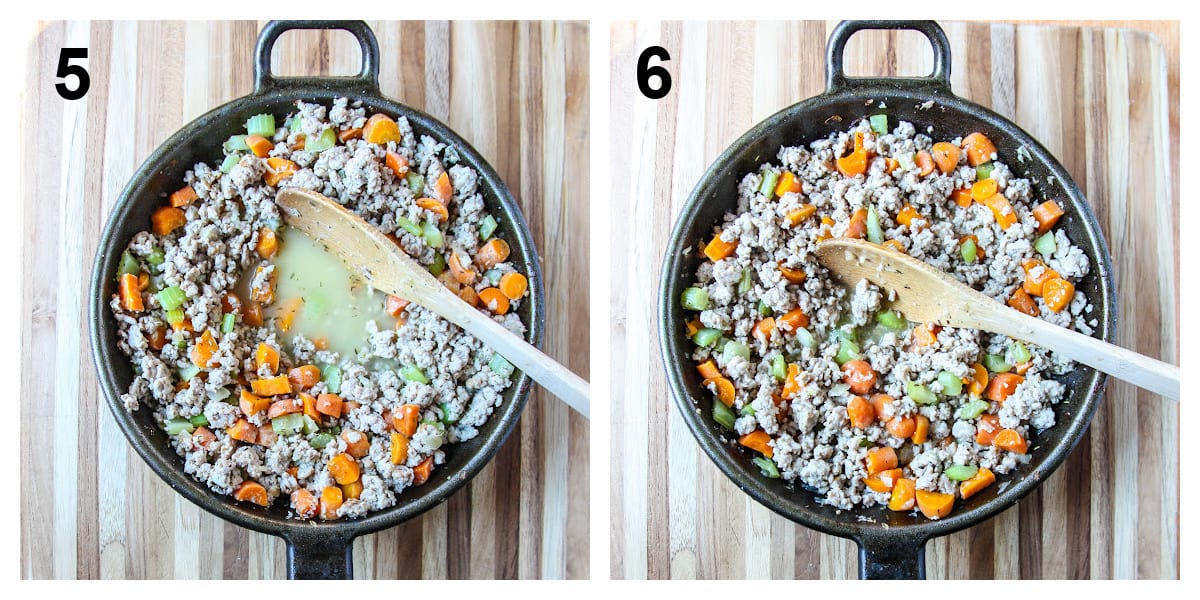 The chicken stock being stirred in to the filling mixture.