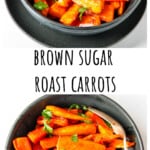 Glazed carrots in a black dish.