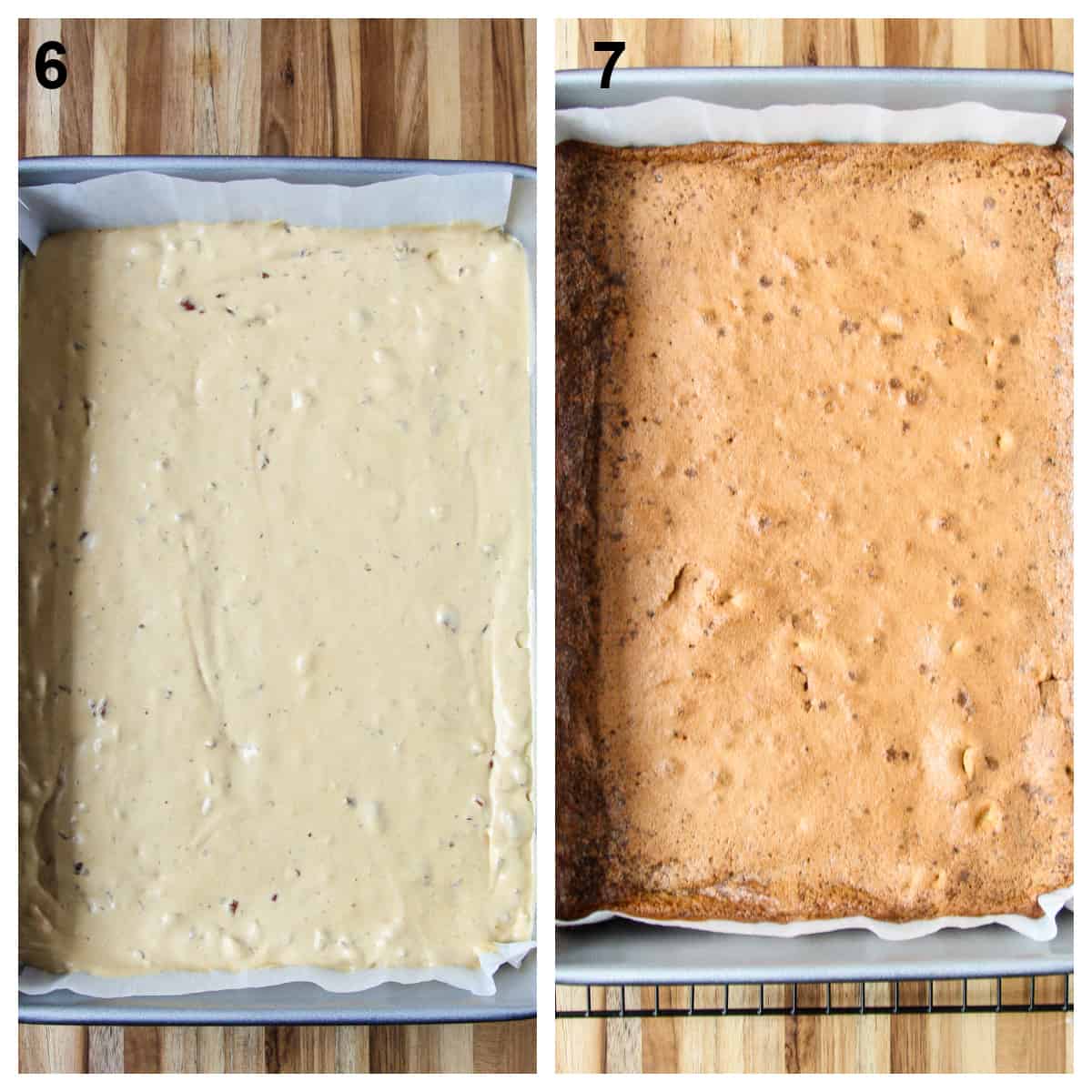 Before and after baking the butter tart bars.