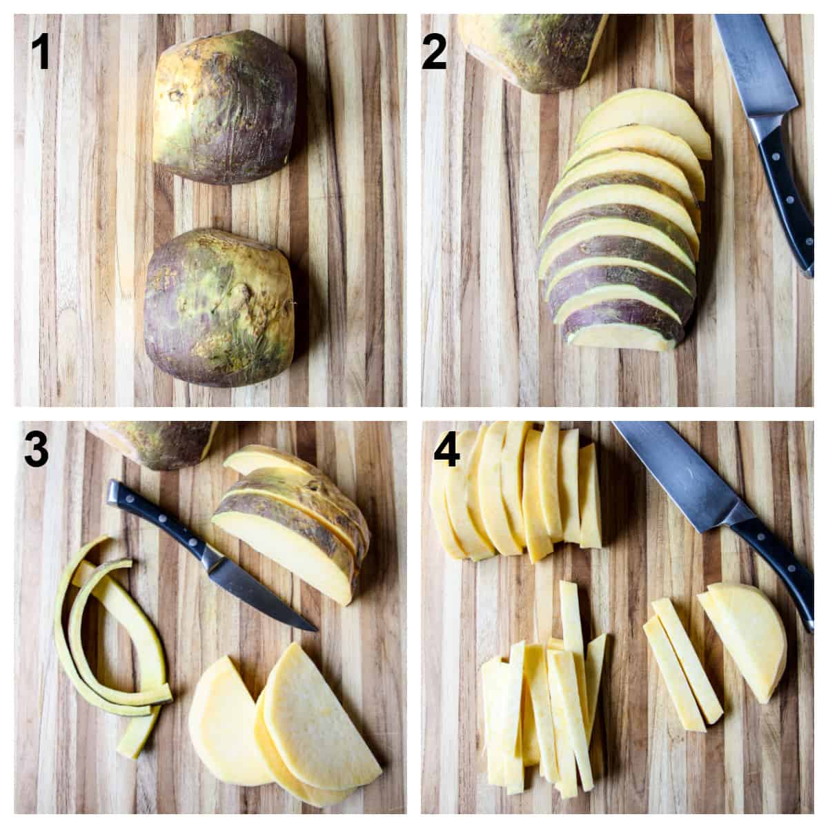 Step by step photos of how to peel and slice a swede.