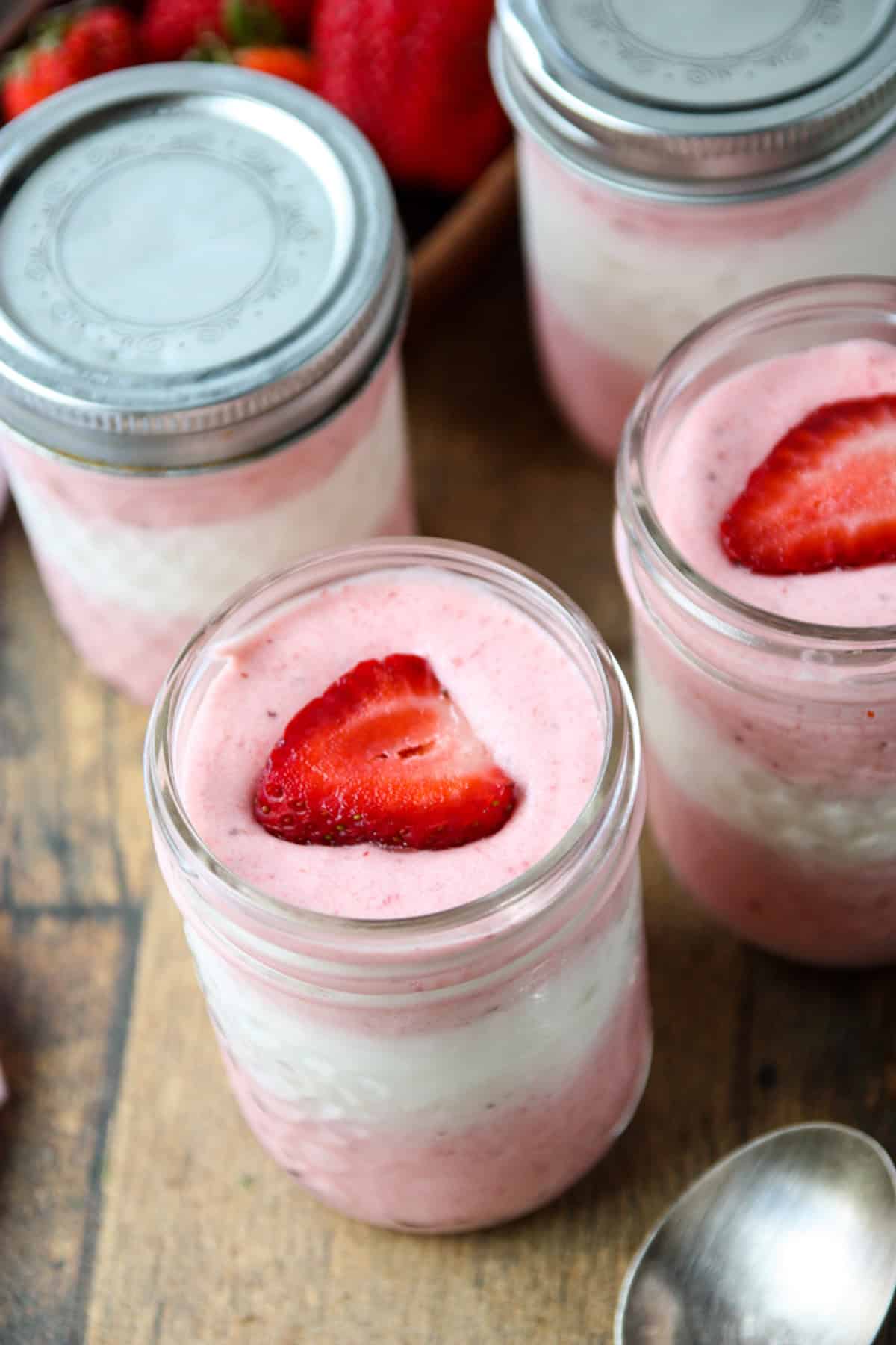 A close up shot of the dessert in a jar.