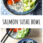 Two sushi bowls and two sets of black chopsticks.