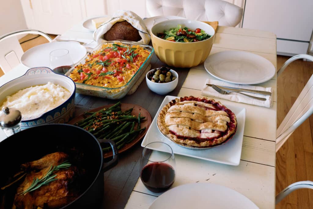 view of dinner table filled with food