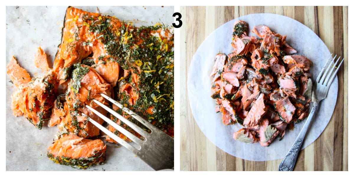 The baked salmon fillet being broken into chunks with a fork.