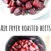 Cubes of roasted beetroot in an air fryer basket.