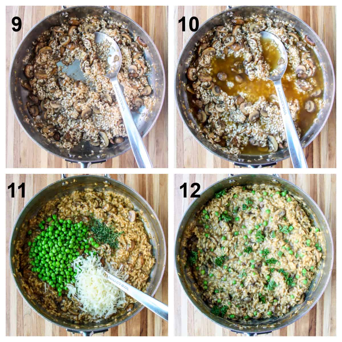 The last four steps including stirring in broth and garnishing.