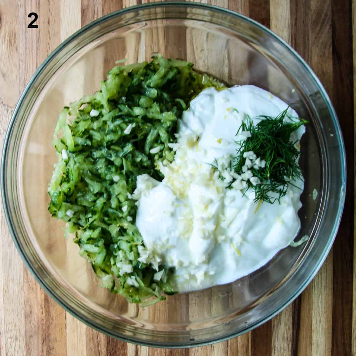 All of the recipe ingredients in a glass bowl.