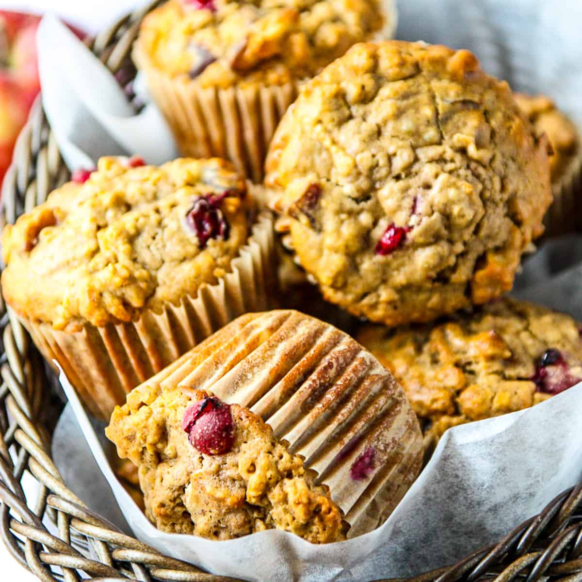 Oatmeal muffins in a basket.