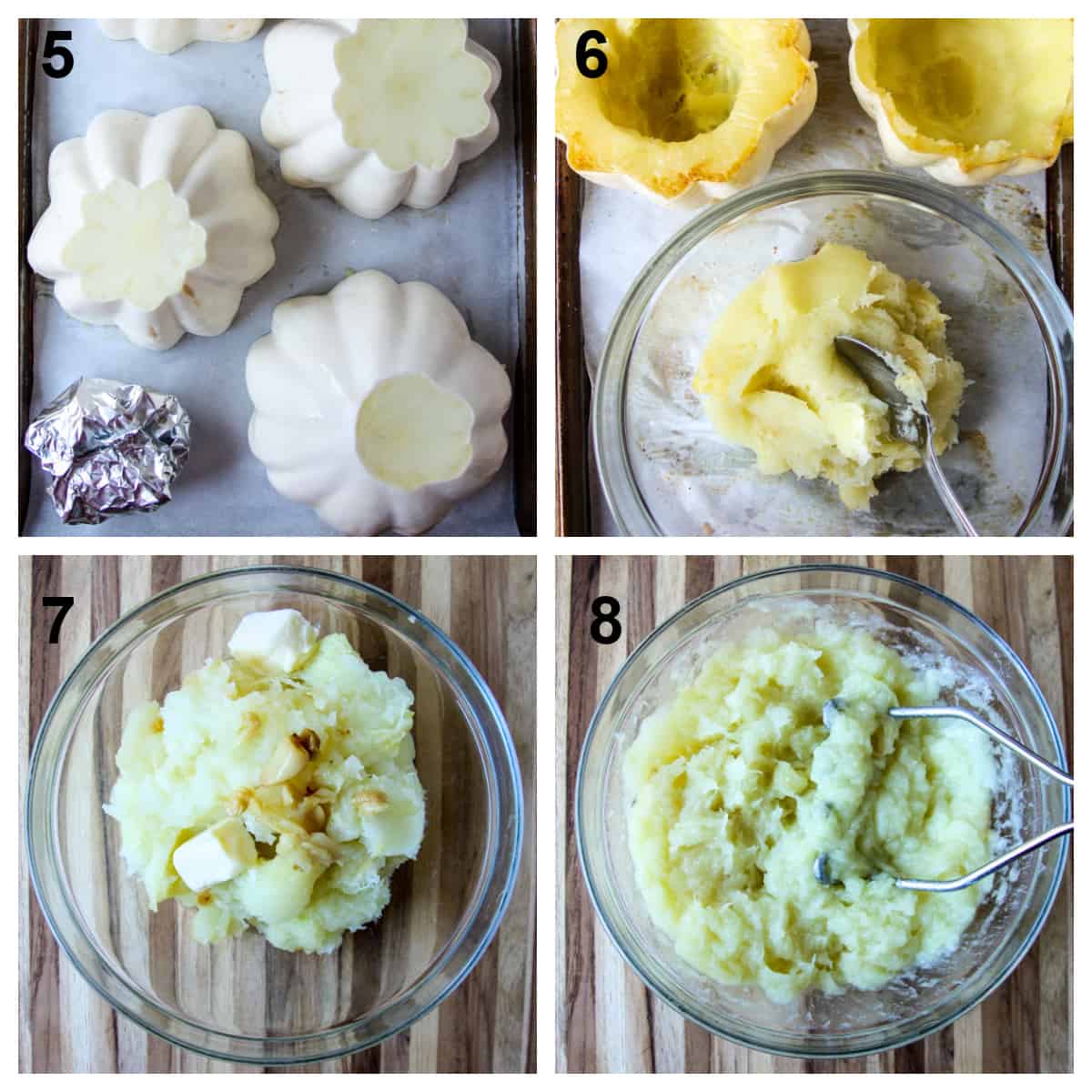 The last four steps for making the mashed potato squash.
