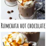 Two mugs of hot cocoa with whipped cream and cinnamon sticks.