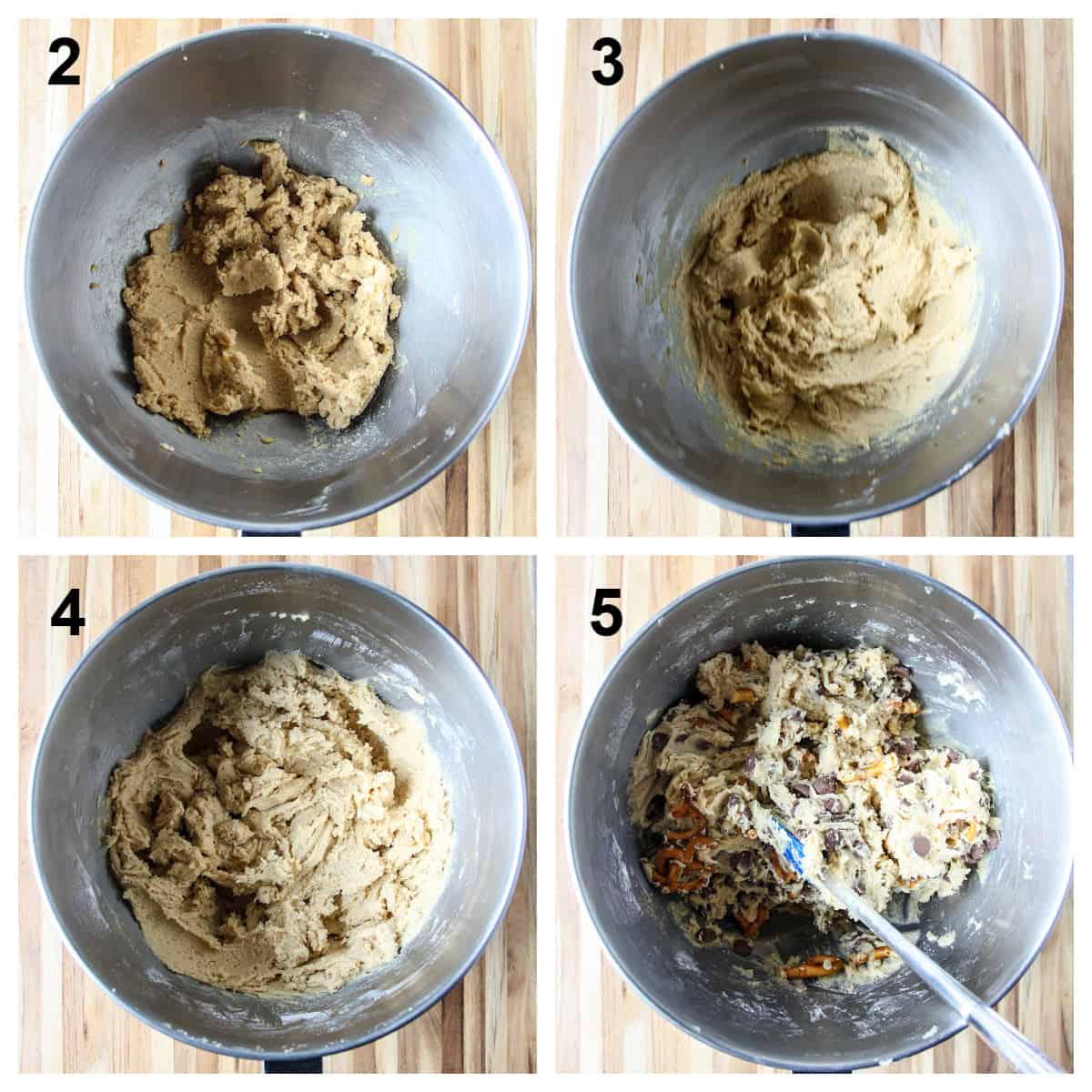The four step process of mixing the cookie dough.