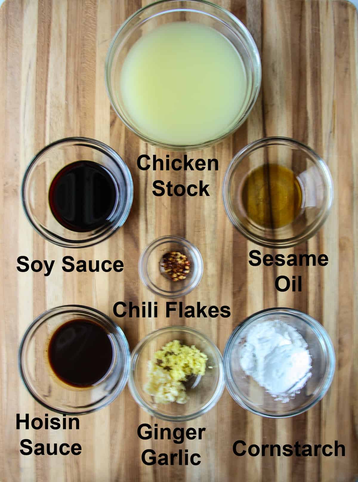 The ingredients to make the chop suey sauce for this recipe.