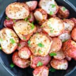 Air fried radishes in a black dish.