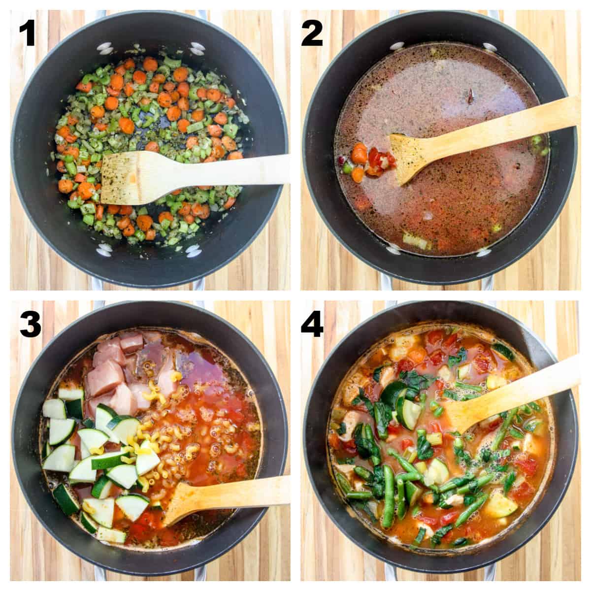 The four steps for making chicken minestrone soup.