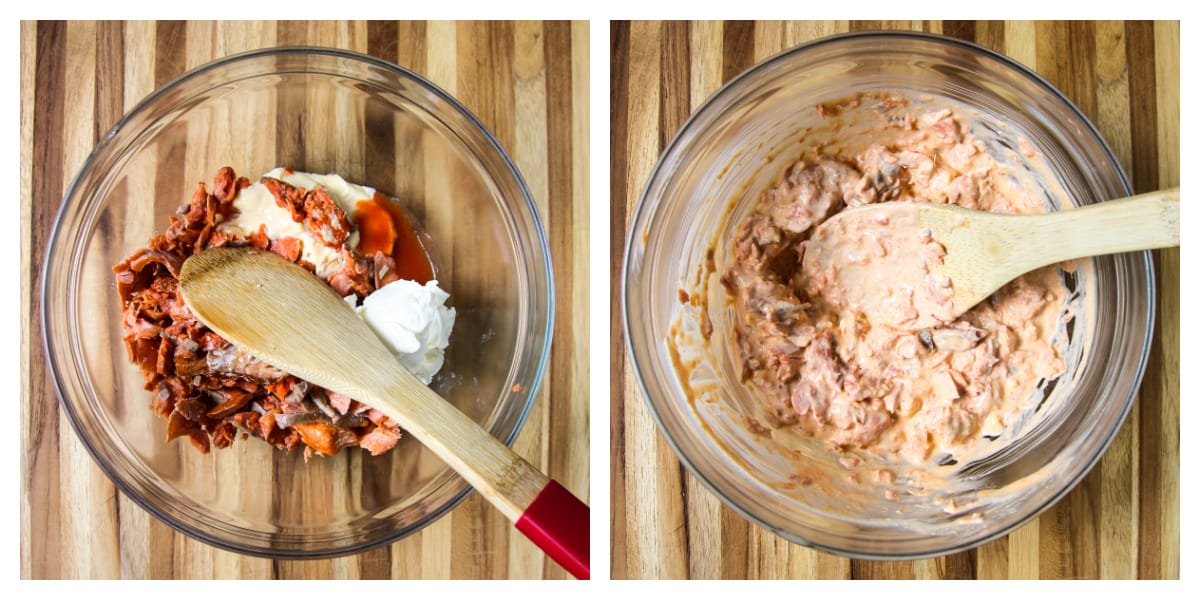 The salmon, mayonnaise, cream cheese and hot sauce being mix together in a glass bowl.