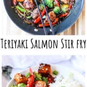 Salmon and vegetable stir fry in a black skillet.