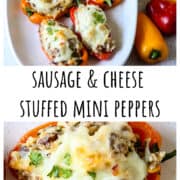 A plate full of baked sausage stuffed mini peppers.