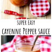 A glass jar of cayenne pepper sauce with a red and white checkered lid.