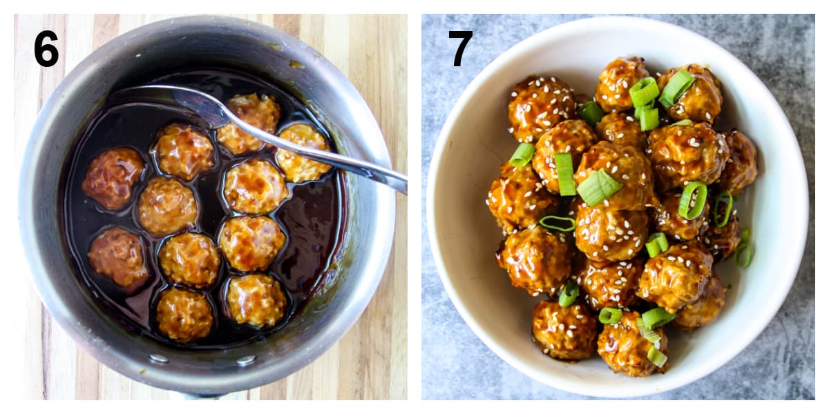 The cooked meatballs in the pan being coated with sauce and then garnished with green onion and sesame seeds.