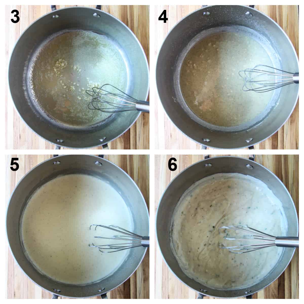 Step by step process photos for making béchamel sauce.
