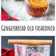 A gingerbread old fashioned cocktail in a glass with a cinnamon stick.