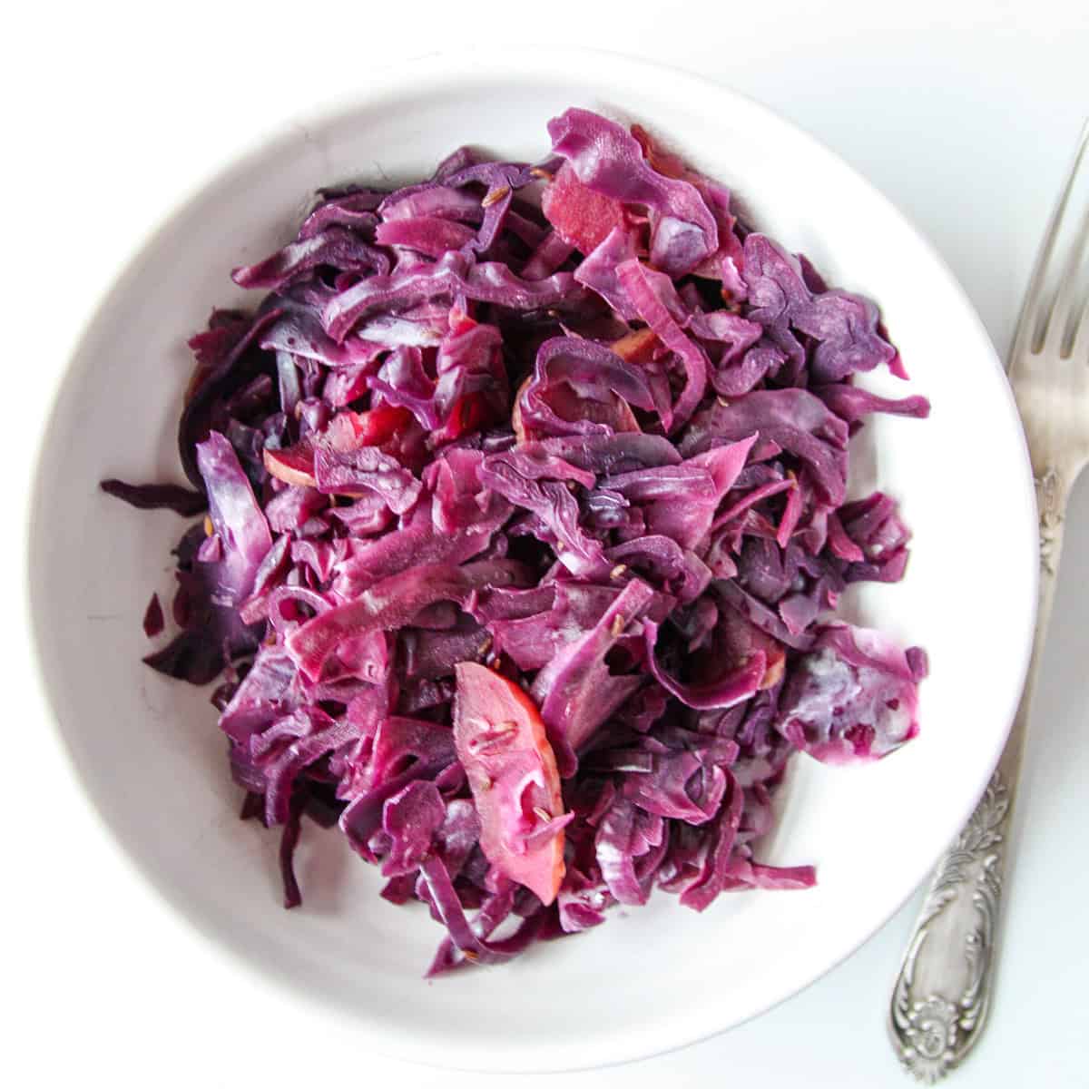 Braised red cabbage with apples on a white plate with a silver fork.