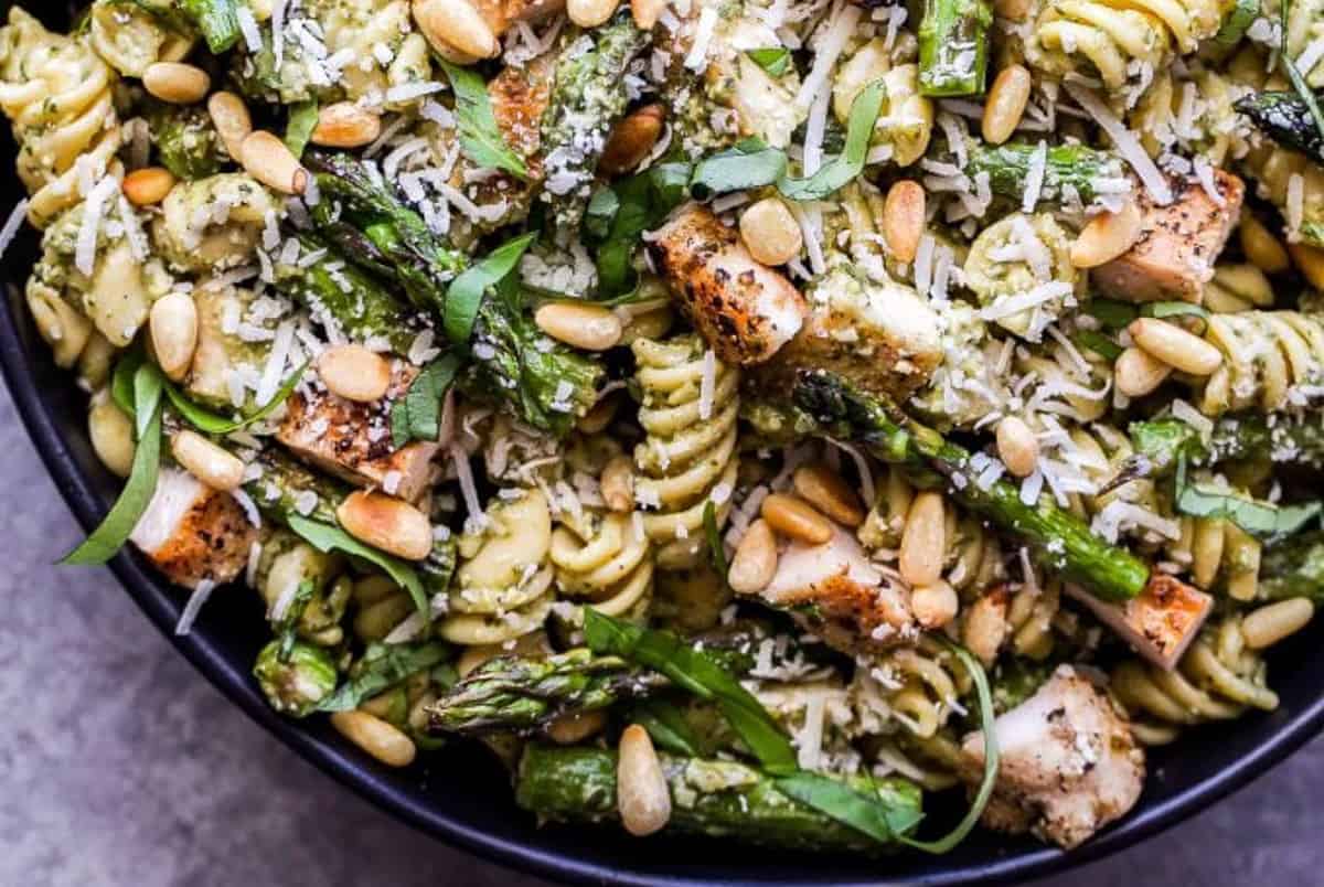 Grilled chicken and asparagus pasta.